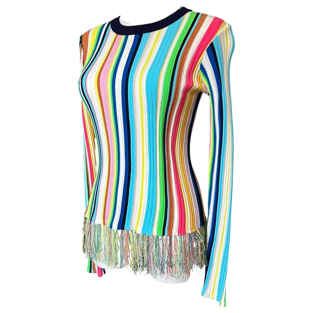 Milly Rainbow Striped Fringe Hem Ribbed Knit Sweater Size S - Picture 4 of 9